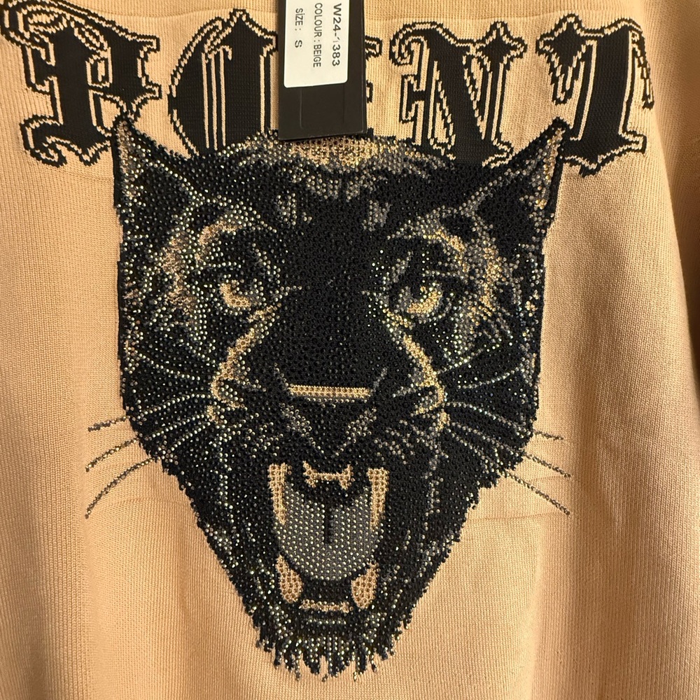Left Point Beige Panther Rhinestone Embellished Graphic Sweater